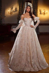 Elegant Champagne Sweetheart Sleeveless Sequined Lace Princess Ball Gown Wedding Dresses